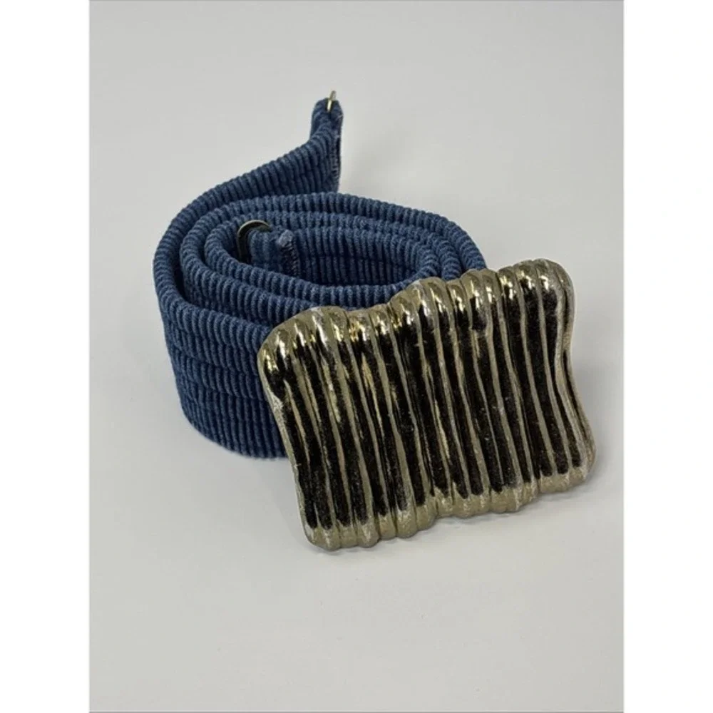 Vintage Navy Blue Elastic Cinch Belt Gold Tone Textured Sculptural‎ Buckle Retro